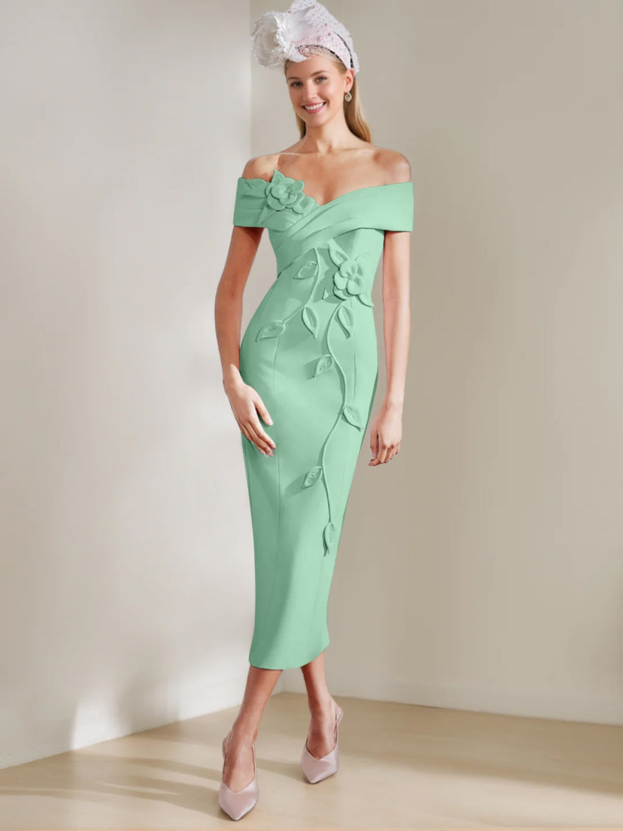 Gaine/Colonne Hors de l'Épaule Longueur de Thé Robes Mère de La Mariée avec 3D Fleurs
