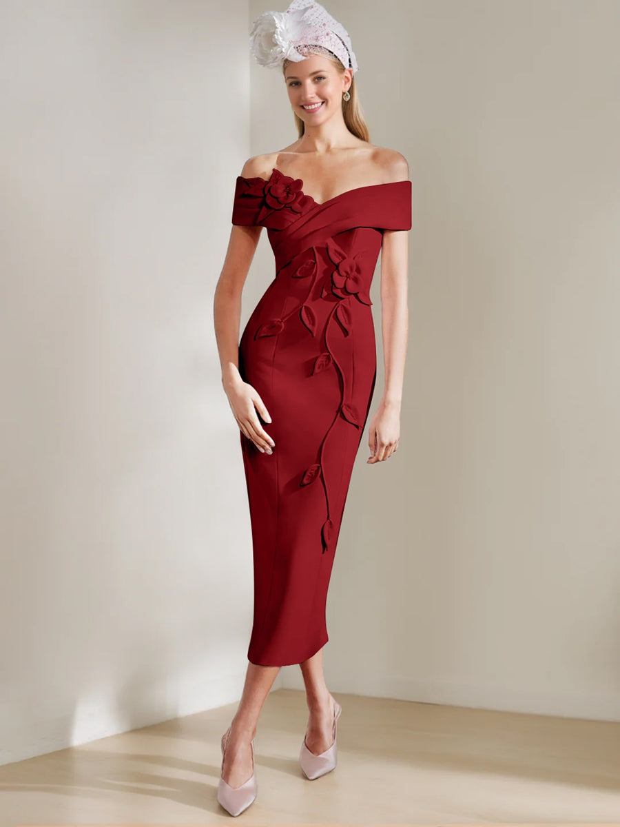Gaine/Colonne Hors de l'Épaule Longueur de Thé Robes Mère de La Mariée avec 3D Fleurs