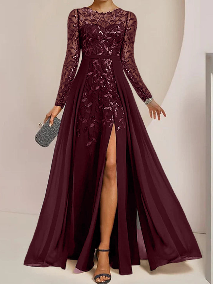 Robe de Mère de la Mariée Coupe A-Line/Princess à Manches Longues et Longueur Au Sol avec Fentes Latérales, Volants et Paillettes