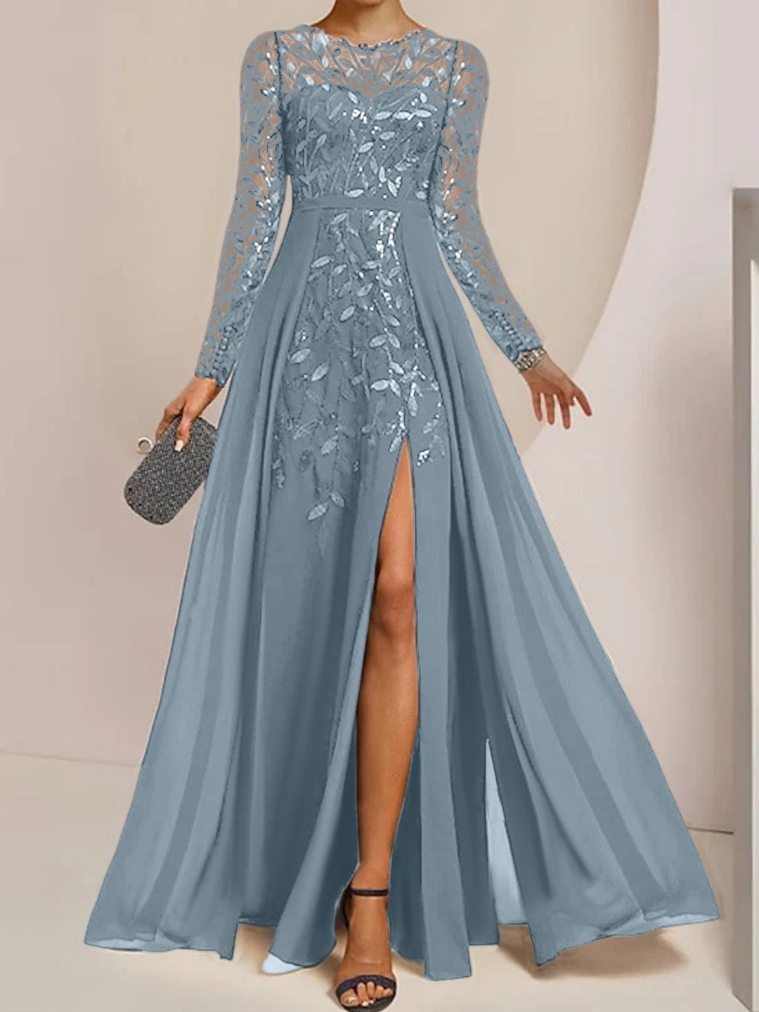 Robe de Mère de la Mariée Coupe A-Line/Princess à Manches Longues et Longueur Au Sol avec Fentes Latérales, Volants et Paillettes