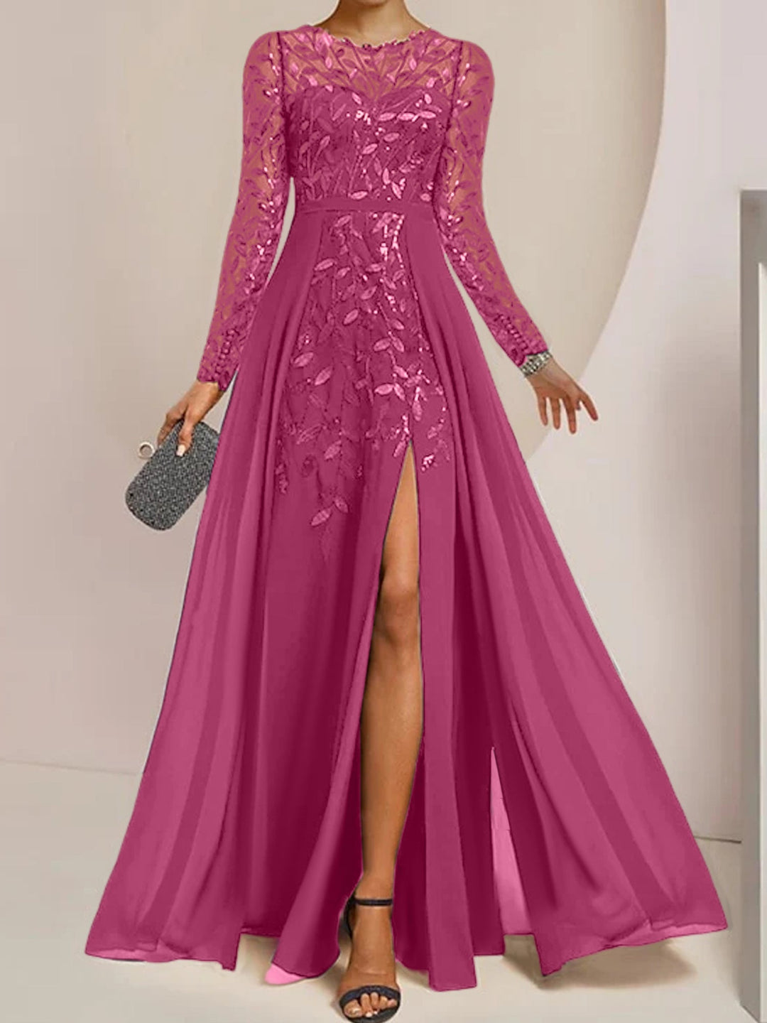 Robe de Mère de la Mariée Coupe A-Line/Princess à Manches Longues et Longueur Au Sol avec Fentes Latérales, Volants et Paillettes