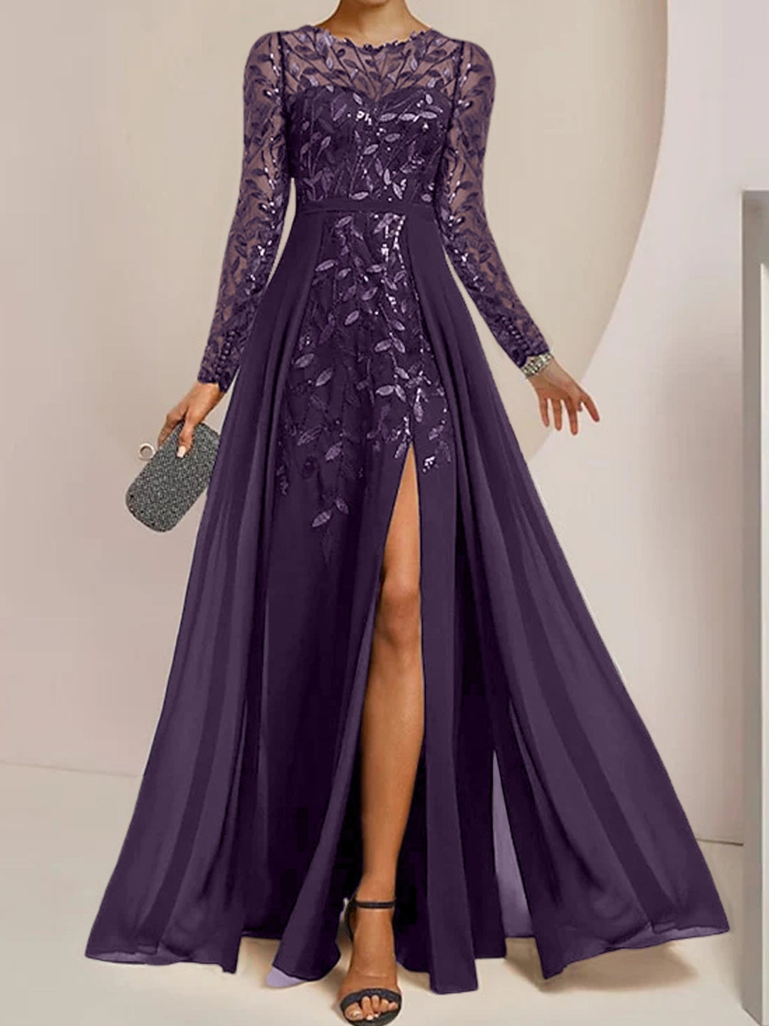 Robe de Mère de la Mariée Coupe A-Line/Princess à Manches Longues et Longueur Au Sol avec Fentes Latérales, Volants et Paillettes