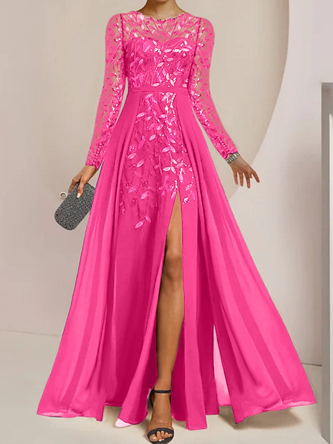 Robe de Mère de la Mariée Coupe A-Line/Princess à Manches Longues et Longueur Au Sol avec Fentes Latérales, Volants et Paillettes