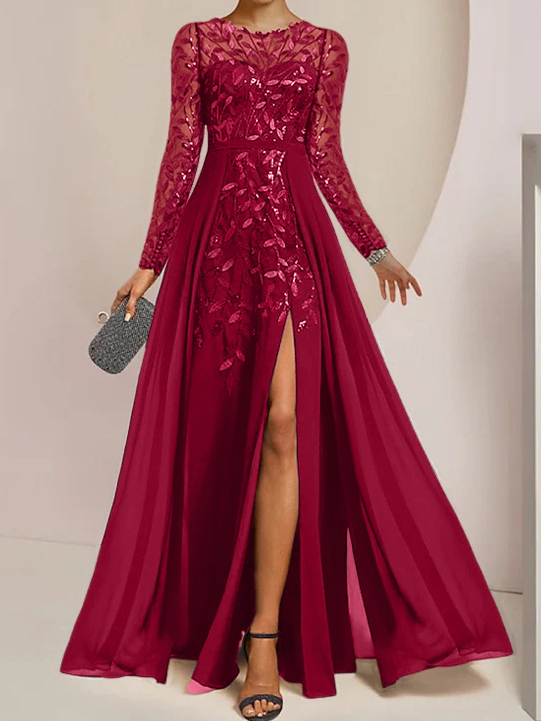 Robe de Mère de la Mariée Coupe A-Line/Princess à Manches Longues et Longueur Au Sol avec Fentes Latérales, Volants et Paillettes