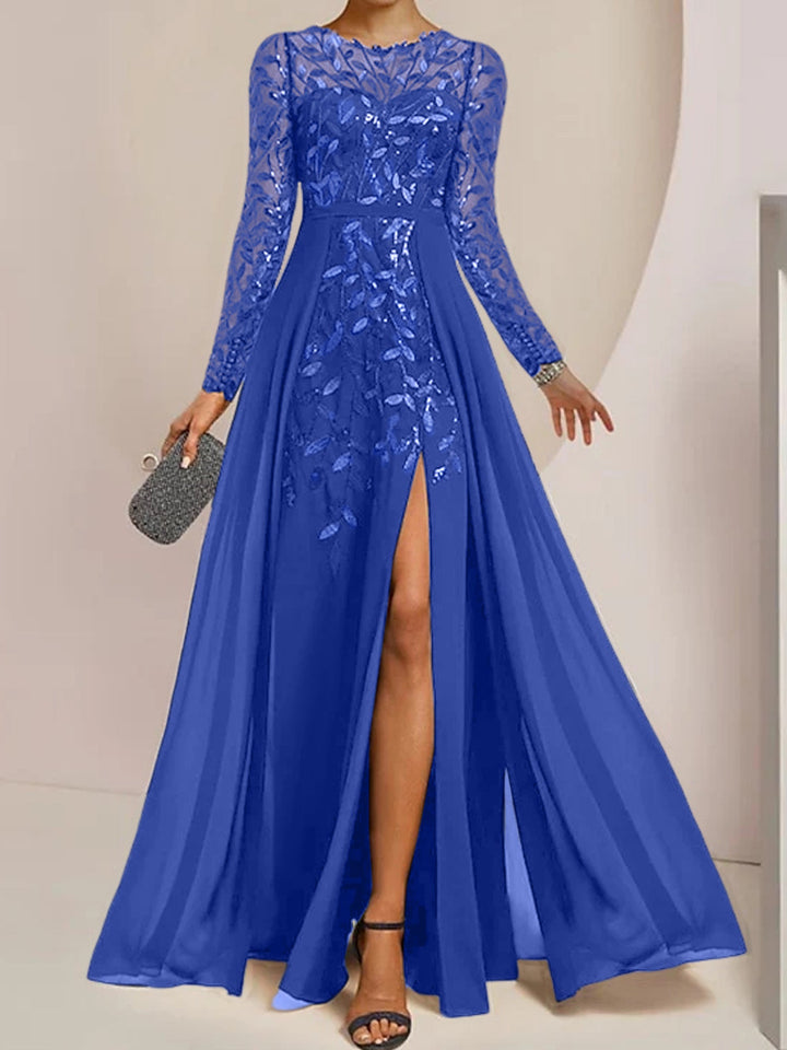 Robe de Mère de la Mariée Coupe A-Line/Princess à Manches Longues et Longueur Au Sol avec Fentes Latérales, Volants et Paillettes