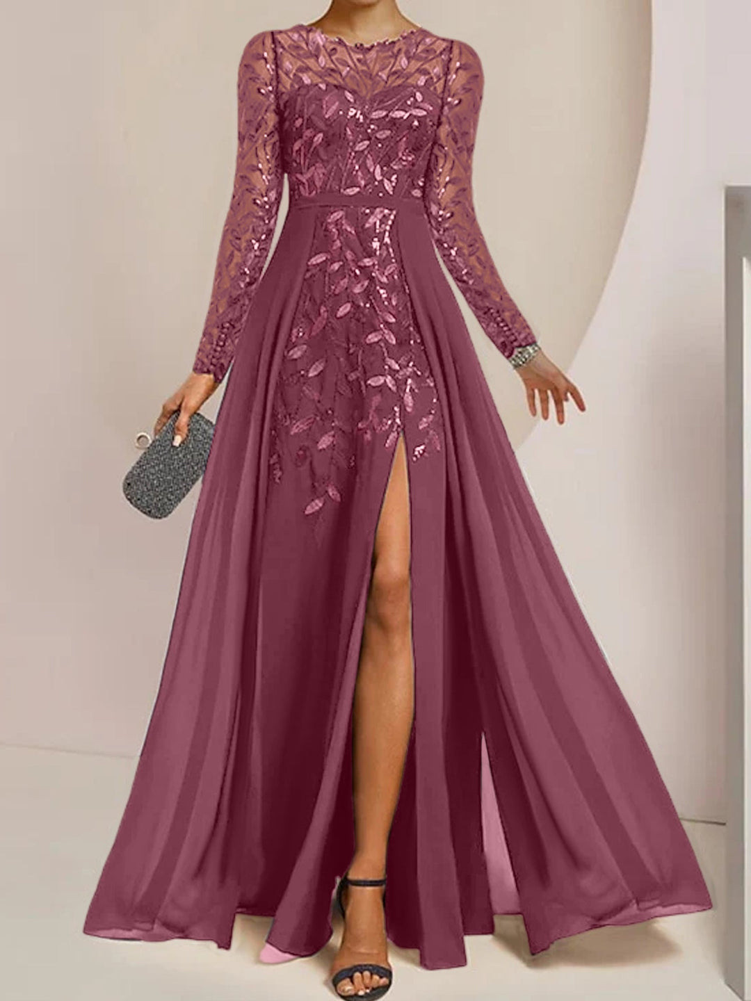 Robe de Mère de la Mariée Coupe A-Line/Princess à Manches Longues et Longueur Au Sol avec Fentes Latérales, Volants et Paillettes