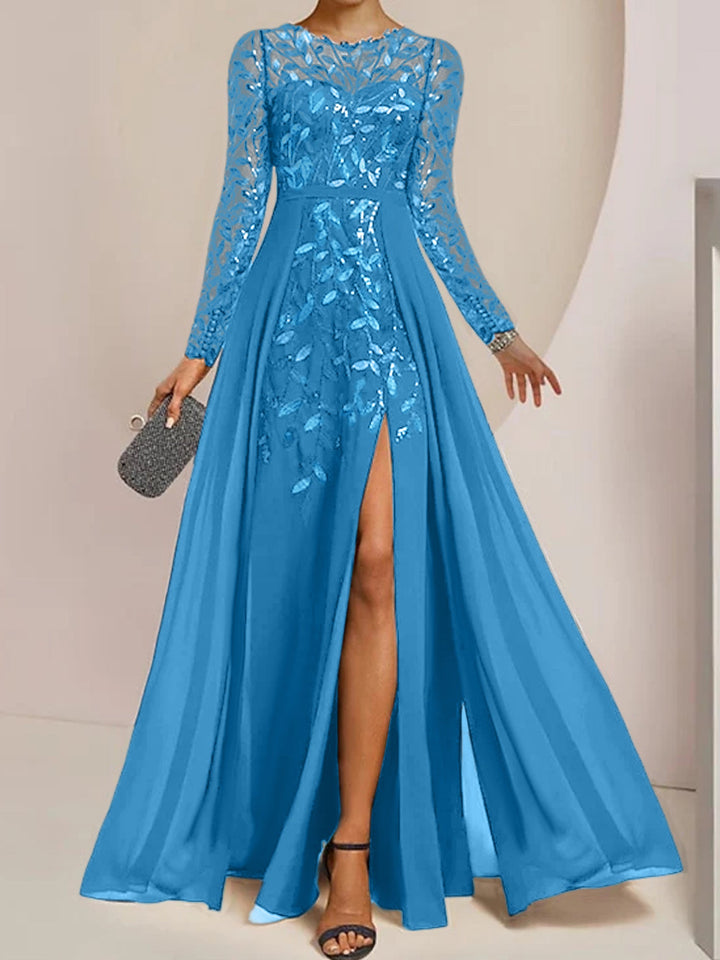 Robe de Mère de la Mariée Coupe A-Line/Princess à Manches Longues et Longueur Au Sol avec Fentes Latérales, Volants et Paillettes