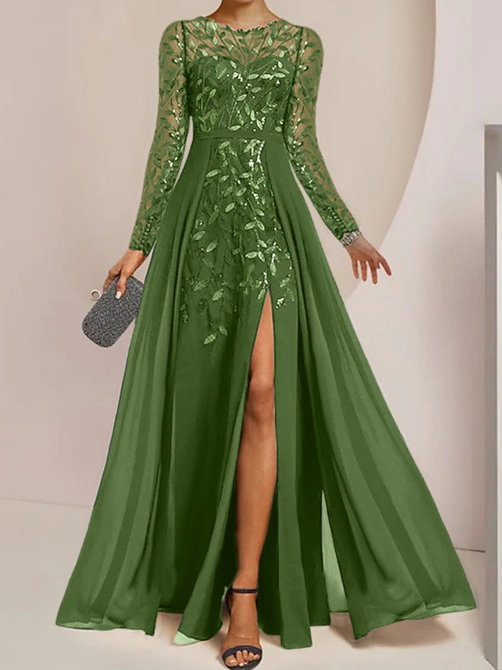 Robe de Mère de la Mariée Coupe A-Line/Princess à Manches Longues et Longueur Au Sol avec Fentes Latérales, Volants et Paillettes