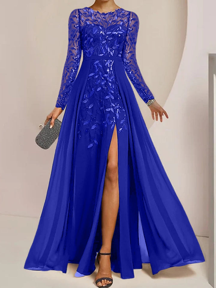 Robe de Mère de la Mariée Coupe A-Line/Princess à Manches Longues et Longueur Au Sol avec Fentes Latérales, Volants et Paillettes