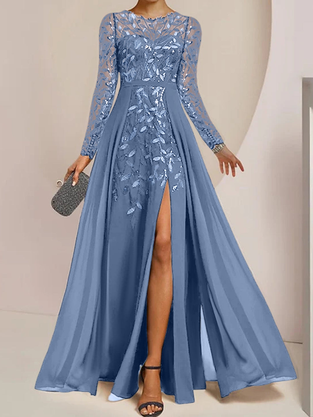 Robe de Mère de la Mariée Coupe A-Line/Princess à Manches Longues et Longueur Au Sol avec Fentes Latérales, Volants et Paillettes