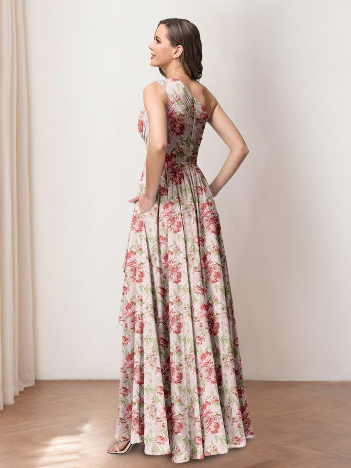 Robe de Demoiselle d'Honneur Asymétrique à Volants, Coupe A-Line/Princesse, Asymétrique, à Imprimé Floral