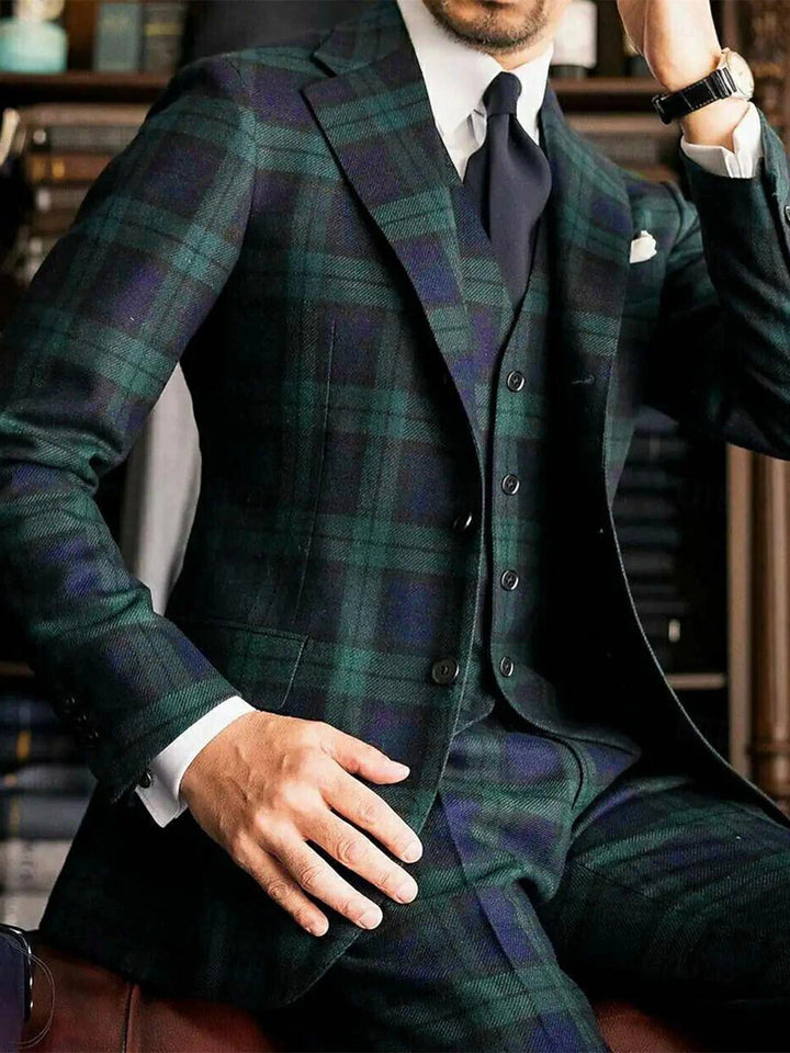 Costume de Mariage 3 Pièces à Carreaux Vert Foncé pour Homme, Coupe Ajustée, Simple Boutonnage, Deux Boutons