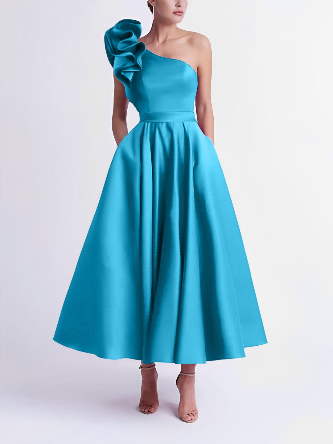 Robe de Bal Trapèze/Princesse à Une Épaule et Longueur Thé