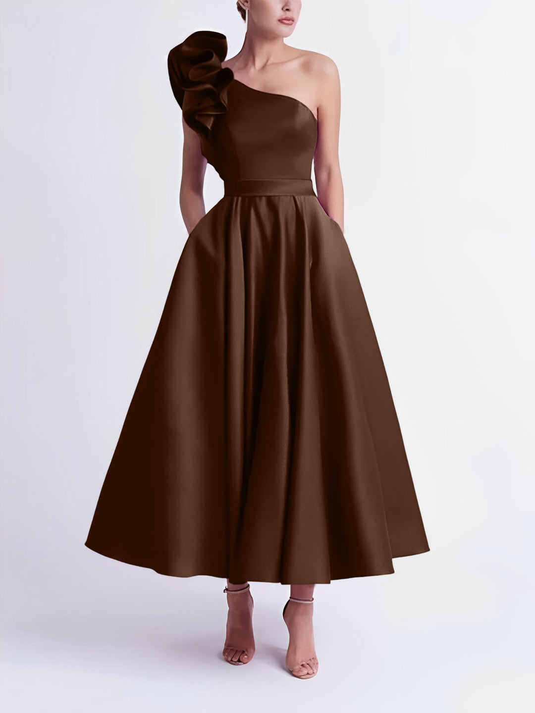 Robe de Bal Trapèze/Princesse à Une Épaule et Longueur Thé
