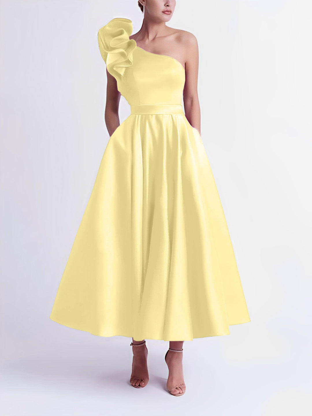 Robe de Bal Trapèze/Princesse à Une Épaule et Longueur Thé