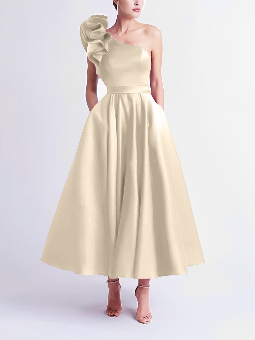 Robe de Bal Trapèze/Princesse à Une Épaule et Longueur Thé