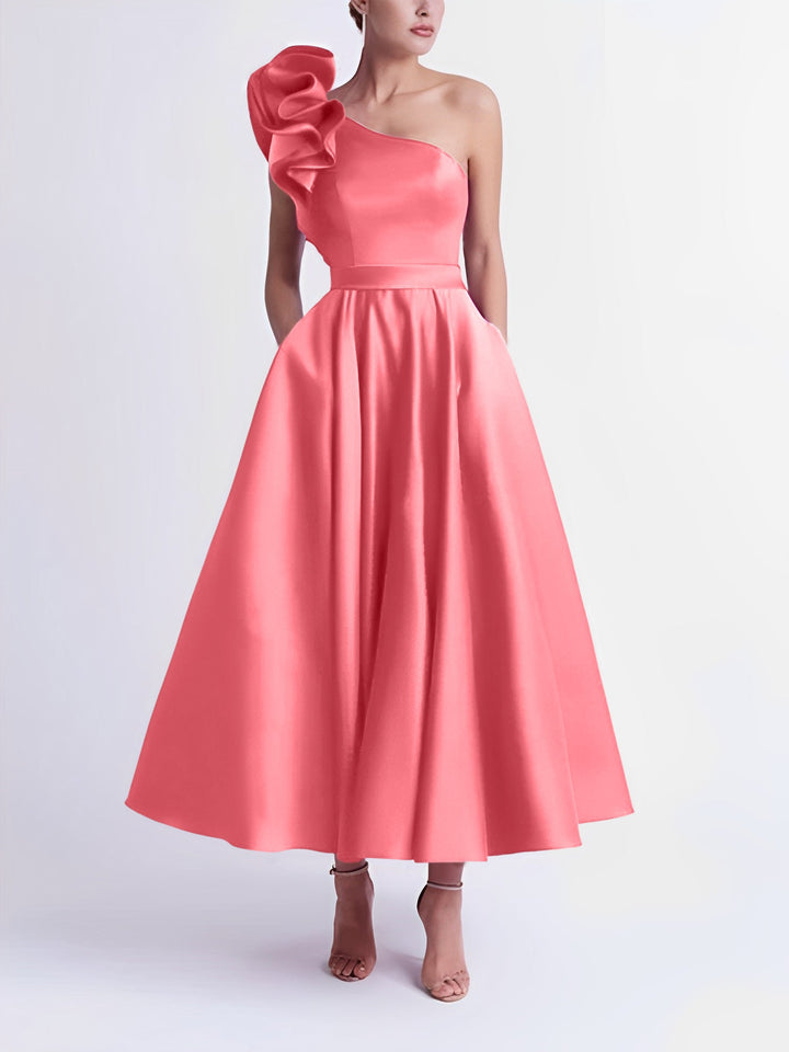 Robe de Bal Trapèze/Princesse à Une Épaule et Longueur Thé