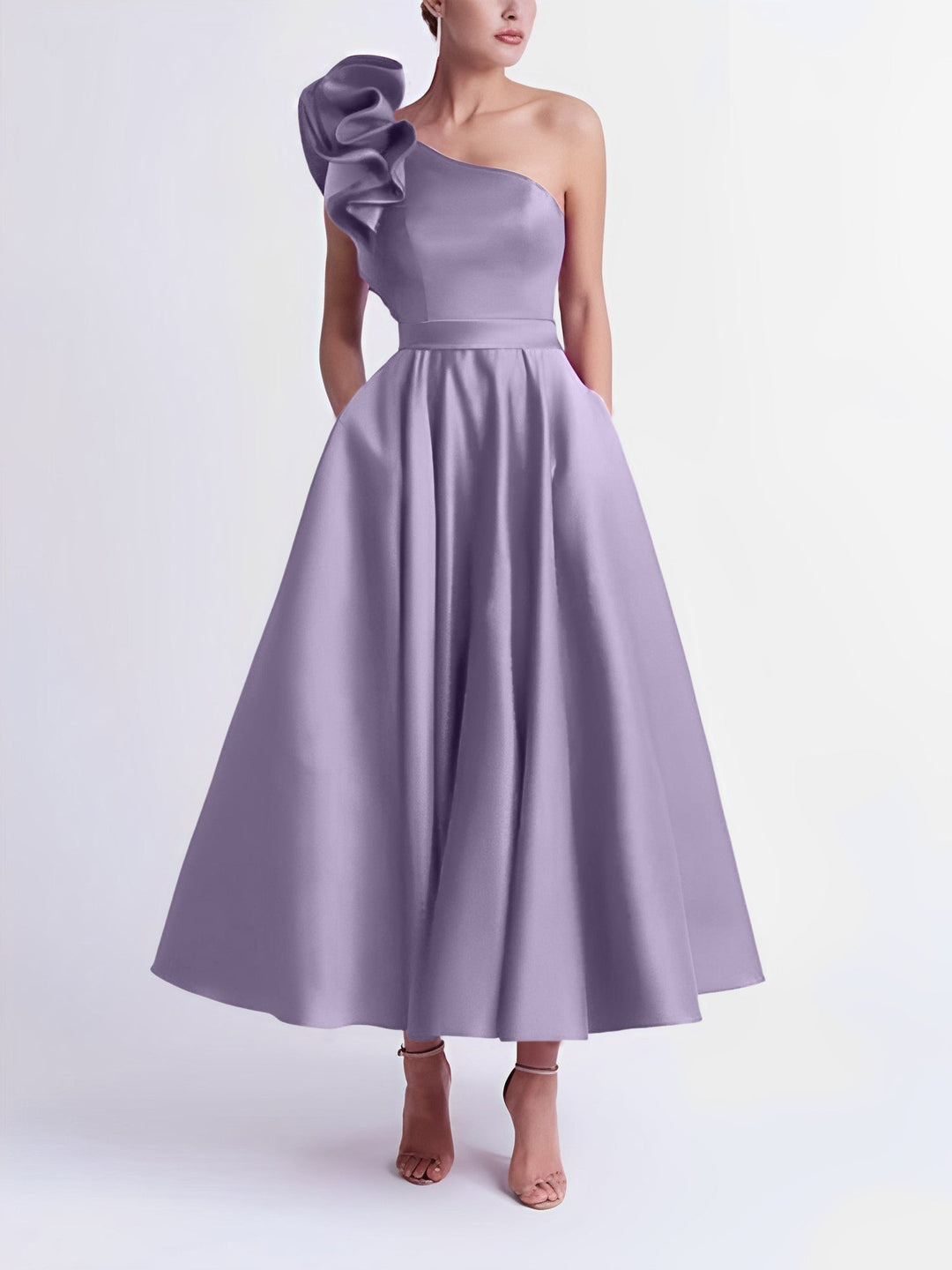 Robe de Bal Trapèze/Princesse à Une Épaule et Longueur Thé
