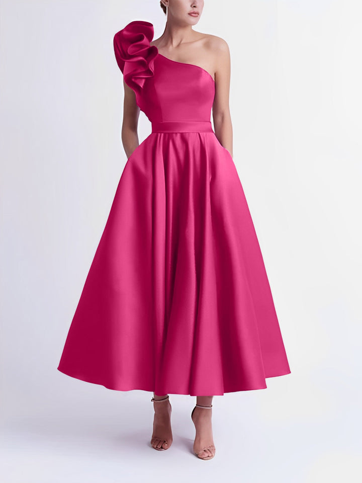 Robe de Bal Trapèze/Princesse à Une Épaule et Longueur Thé