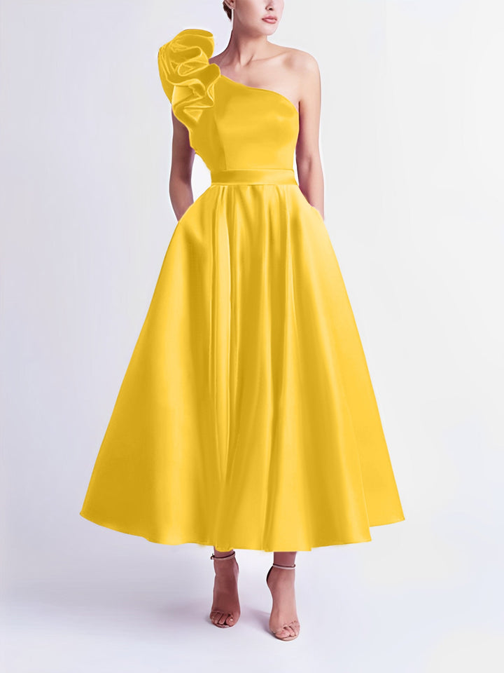Robe de Bal Trapèze/Princesse à Une Épaule et Longueur Thé