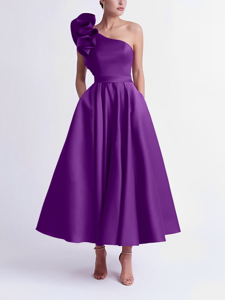 Robe de Bal Trapèze/Princesse à Une Épaule et Longueur Thé