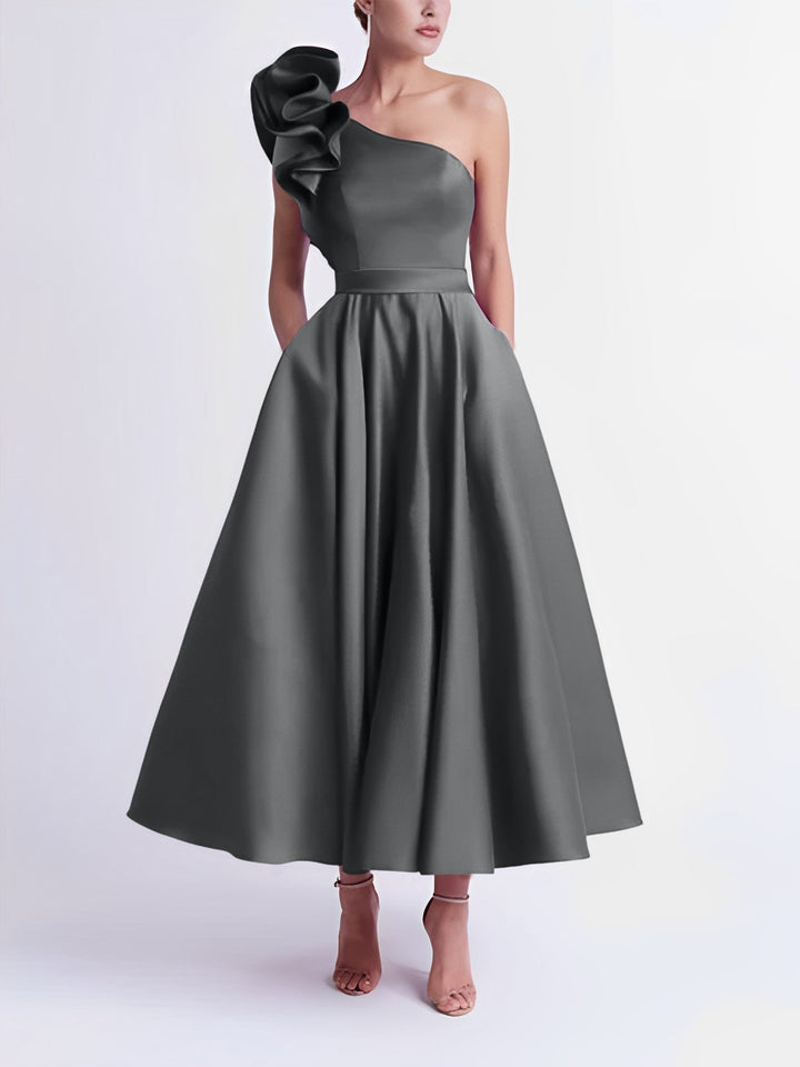Robe de Bal Trapèze/Princesse à Une Épaule et Longueur Thé