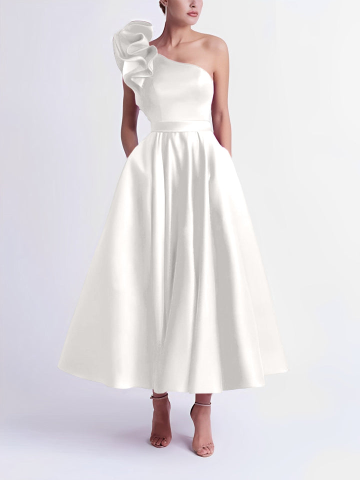 Robe de Bal Trapèze/Princesse à Une Épaule et Longueur Thé