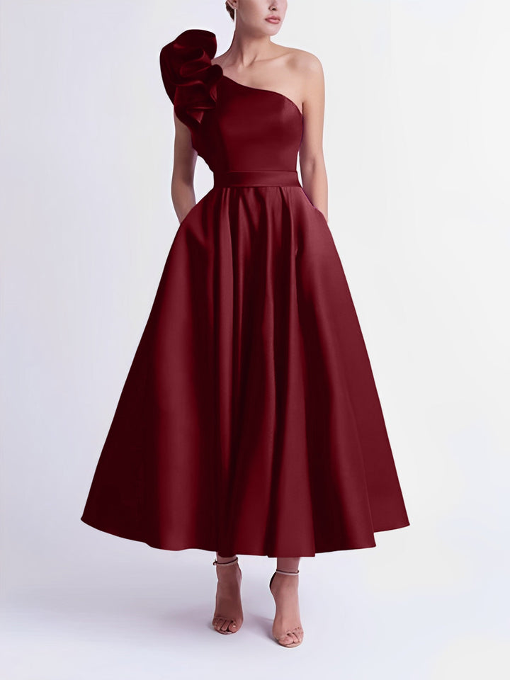 Robe de Bal Trapèze/Princesse à Une Épaule et Longueur Thé