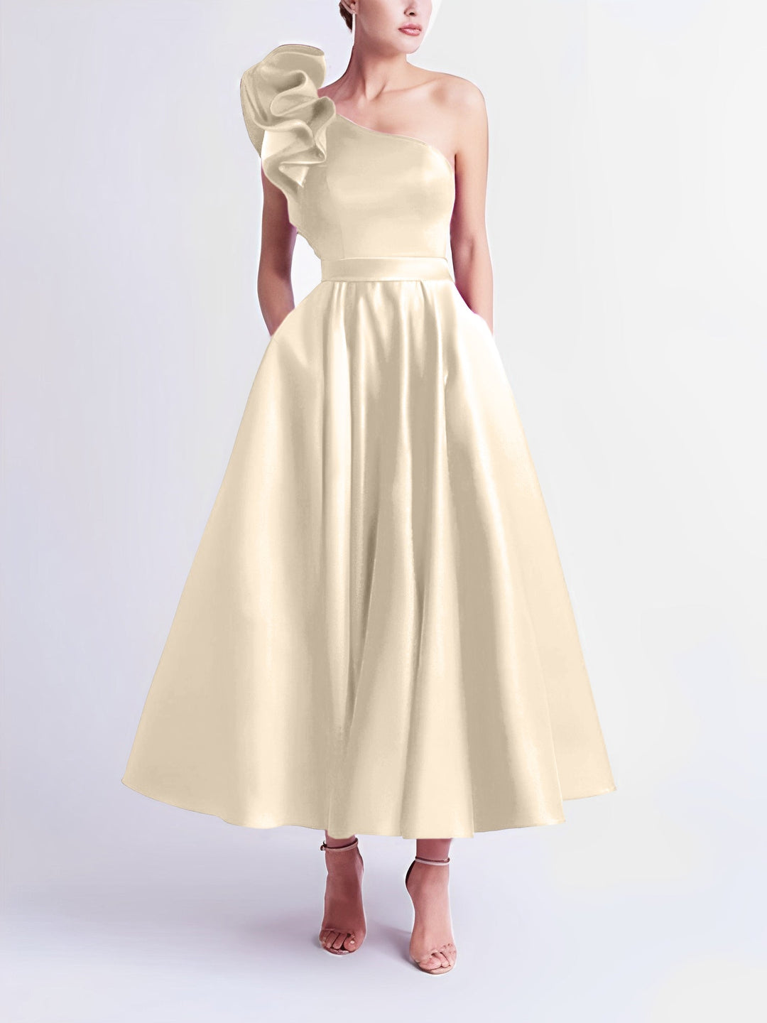 Robe de Bal Trapèze/Princesse à Une Épaule et Longueur Thé
