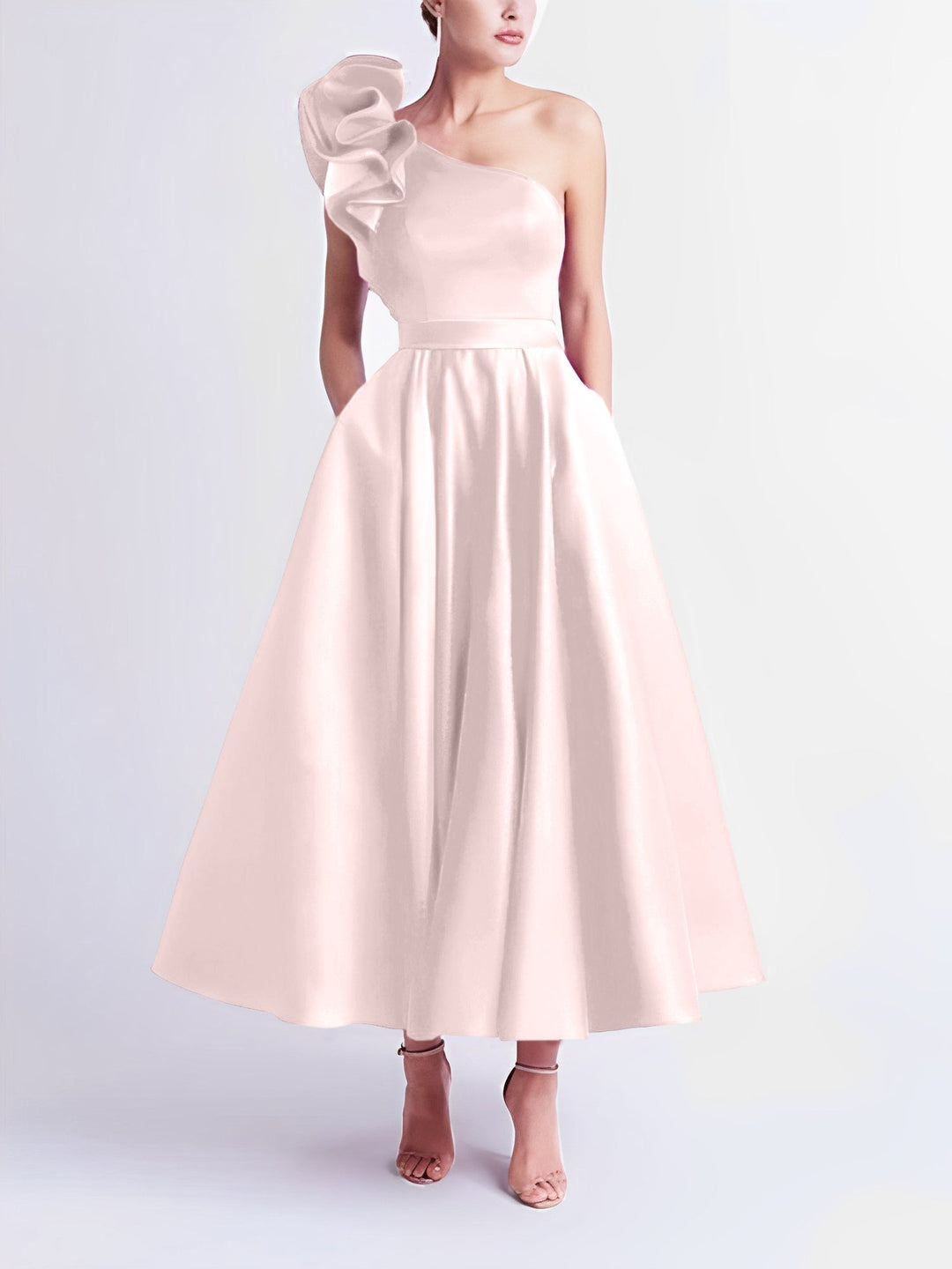 Robe de Bal Trapèze/Princesse à Une Épaule et Longueur Thé