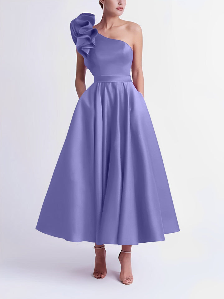 Robe de Bal Trapèze/Princesse à Une Épaule et Longueur Thé