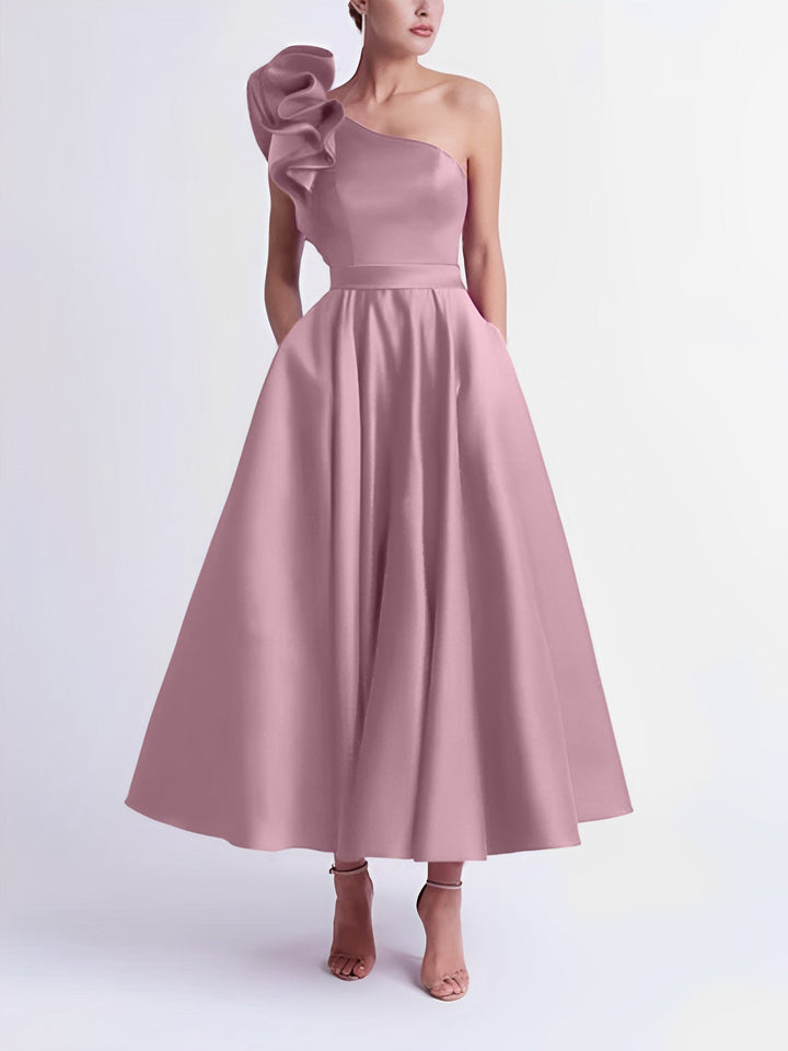 Robe de Bal Trapèze/Princesse à Une Épaule et Longueur Thé