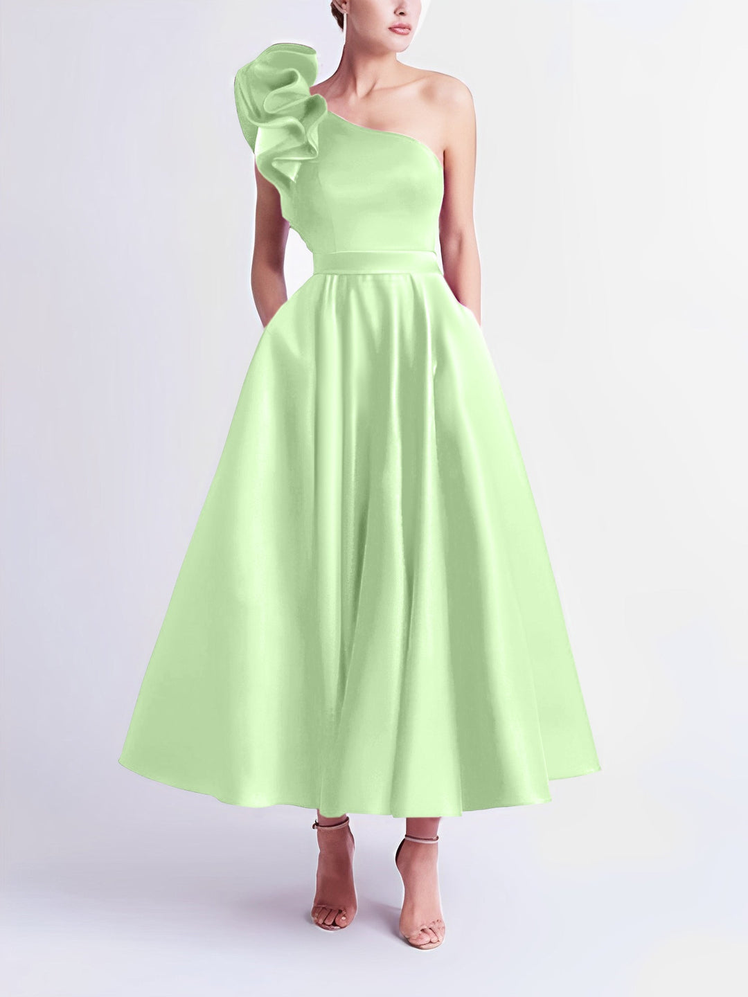Robe de Bal Trapèze/Princesse à Une Épaule et Longueur Thé