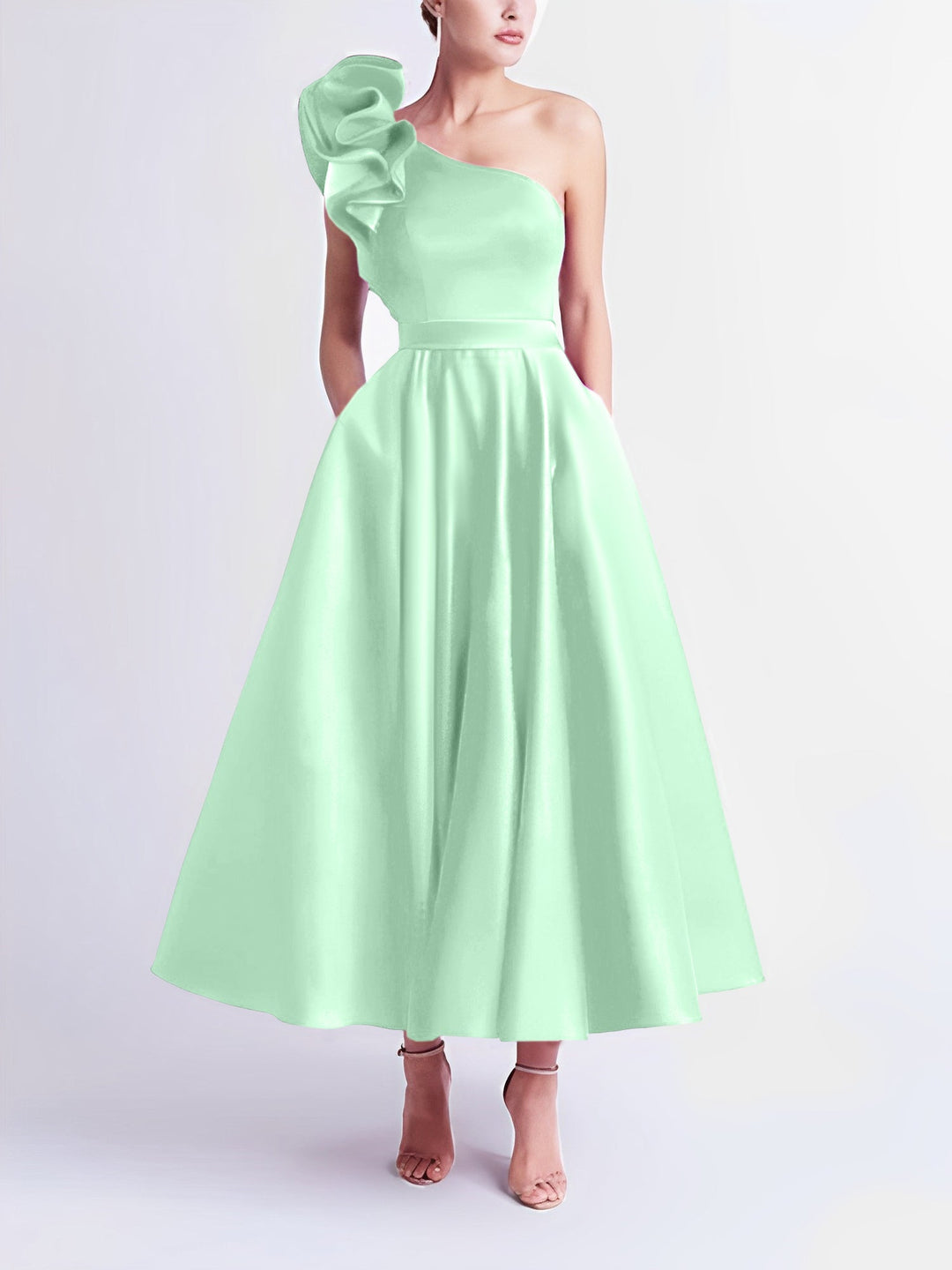 Robe de Bal Trapèze/Princesse à Une Épaule et Longueur Thé