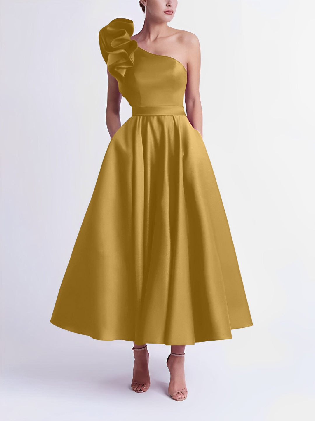 Robe de Bal Trapèze/Princesse à Une Épaule et Longueur Thé