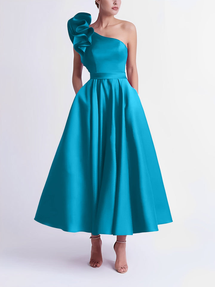Robe de Bal Trapèze/Princesse à Une Épaule et Longueur Thé