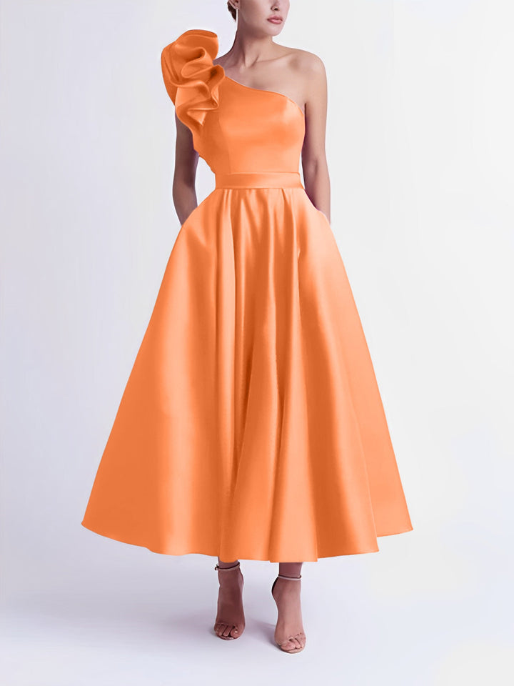 Robe de Bal Trapèze/Princesse à Une Épaule et Longueur Thé