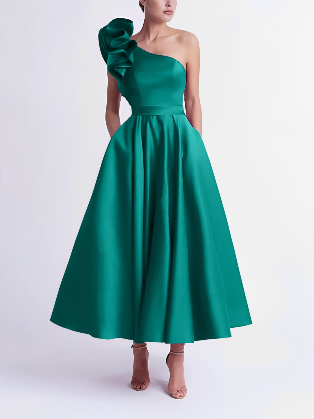 Robe de Bal Trapèze/Princesse à Une Épaule et Longueur Thé