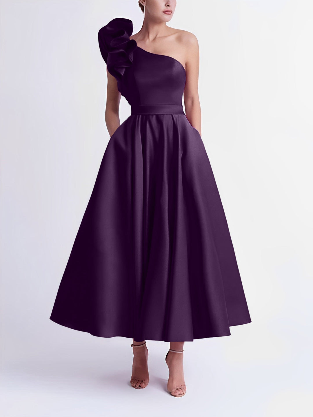 Robe de Bal Trapèze/Princesse à Une Épaule et Longueur Thé