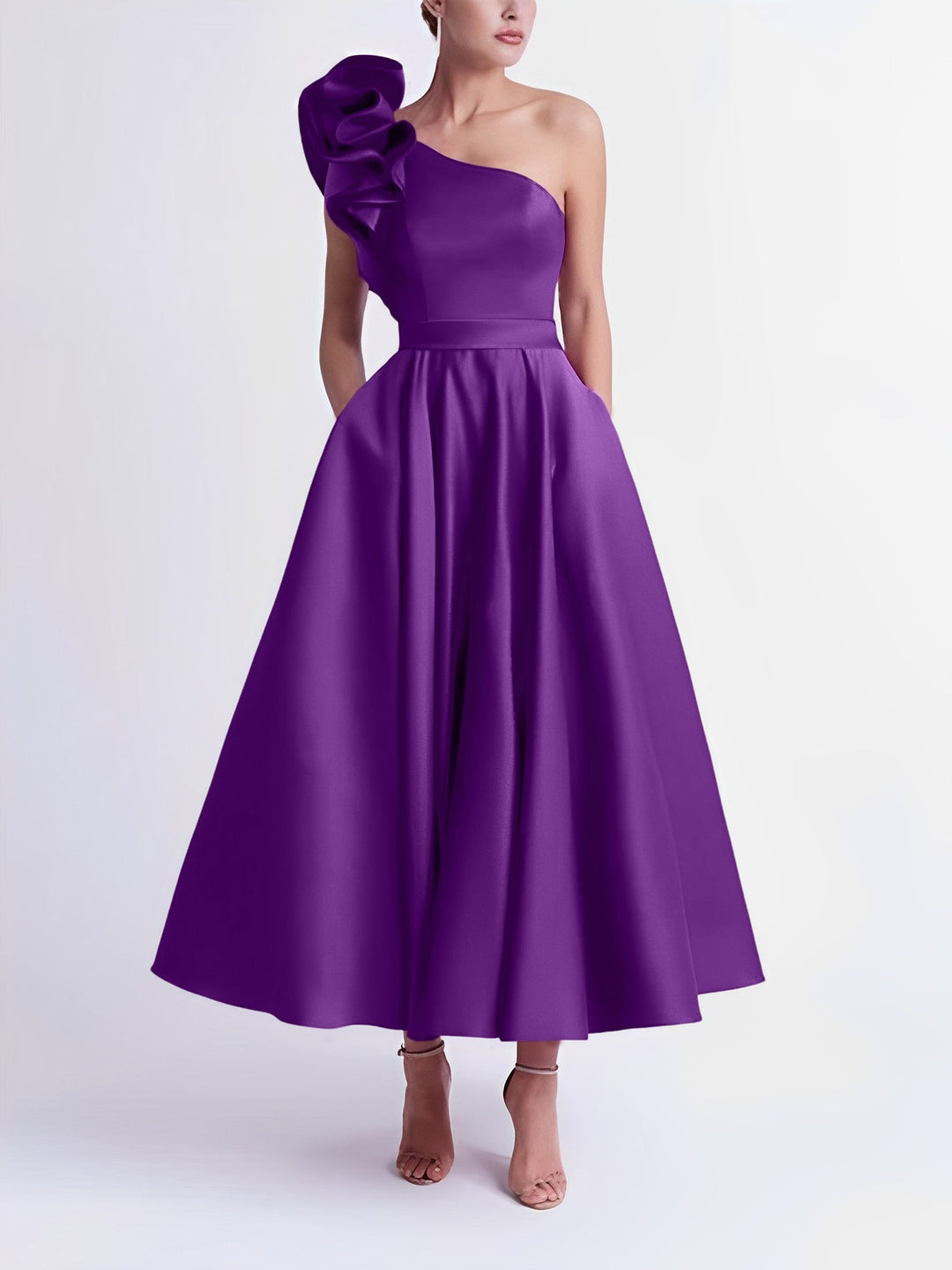 Robe de Bal Trapèze/Princesse à Une Épaule et Longueur Thé