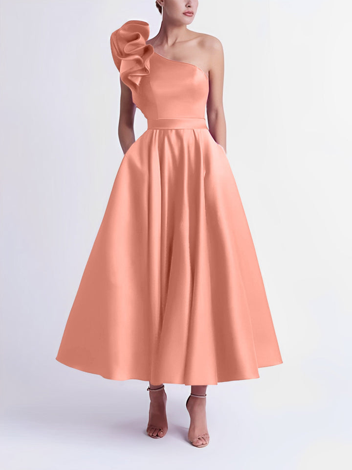 Robe de Bal Trapèze/Princesse à Une Épaule et Longueur Thé