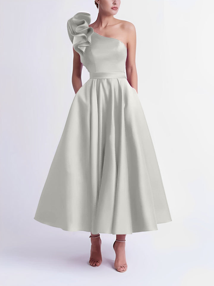 Robe de Bal Trapèze/Princesse à Une Épaule et Longueur Thé