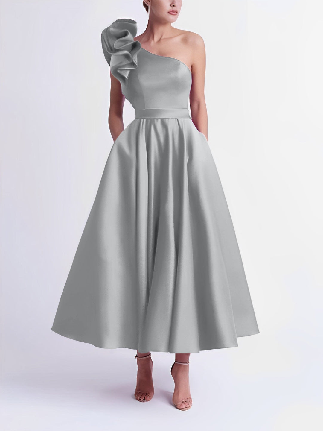 Robe de Bal Trapèze/Princesse à Une Épaule et Longueur Thé