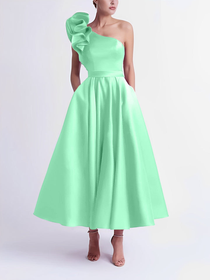 Robe de Bal Trapèze/Princesse à Une Épaule et Longueur Thé