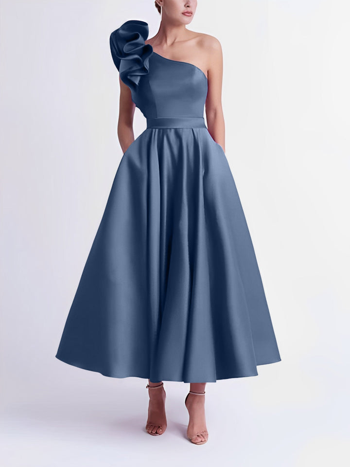Robe de Bal Trapèze/Princesse à Une Épaule et Longueur Thé