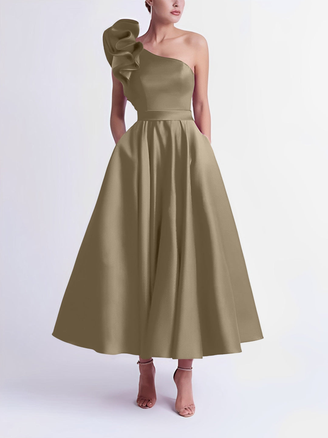 Robe de Bal Trapèze/Princesse à Une Épaule et Longueur Thé