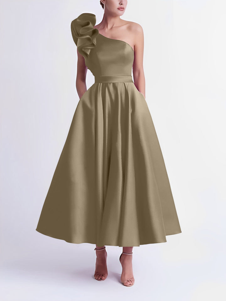 Robe de Bal Trapèze/Princesse à Une Épaule et Longueur Thé