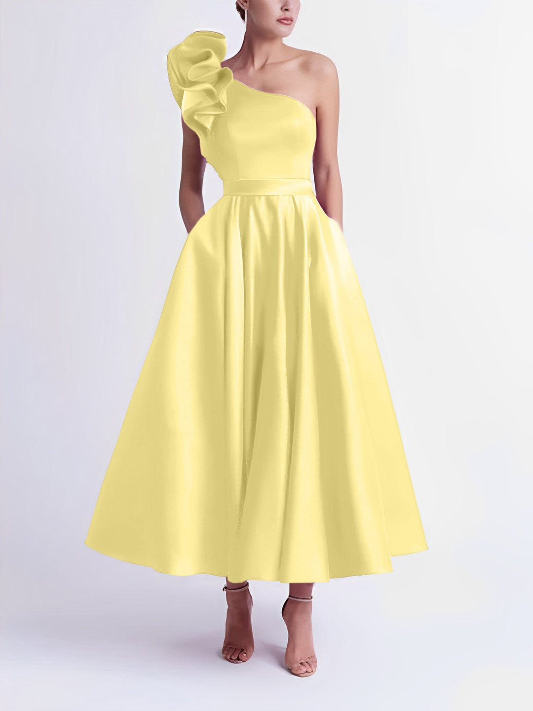 Robe de Bal Trapèze/Princesse à Une Épaule et Longueur Thé