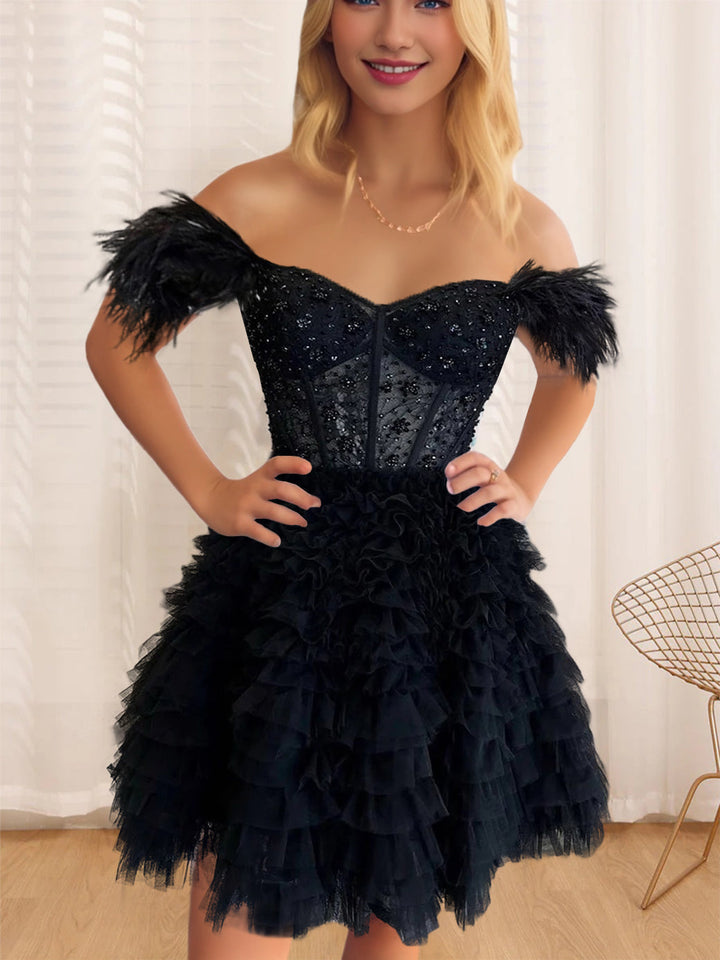 Robe de Soirée Courte/Mini en Forme de A/Princesse, Décolleté en Cœur, Sans Manches, avec Volants et Plumes