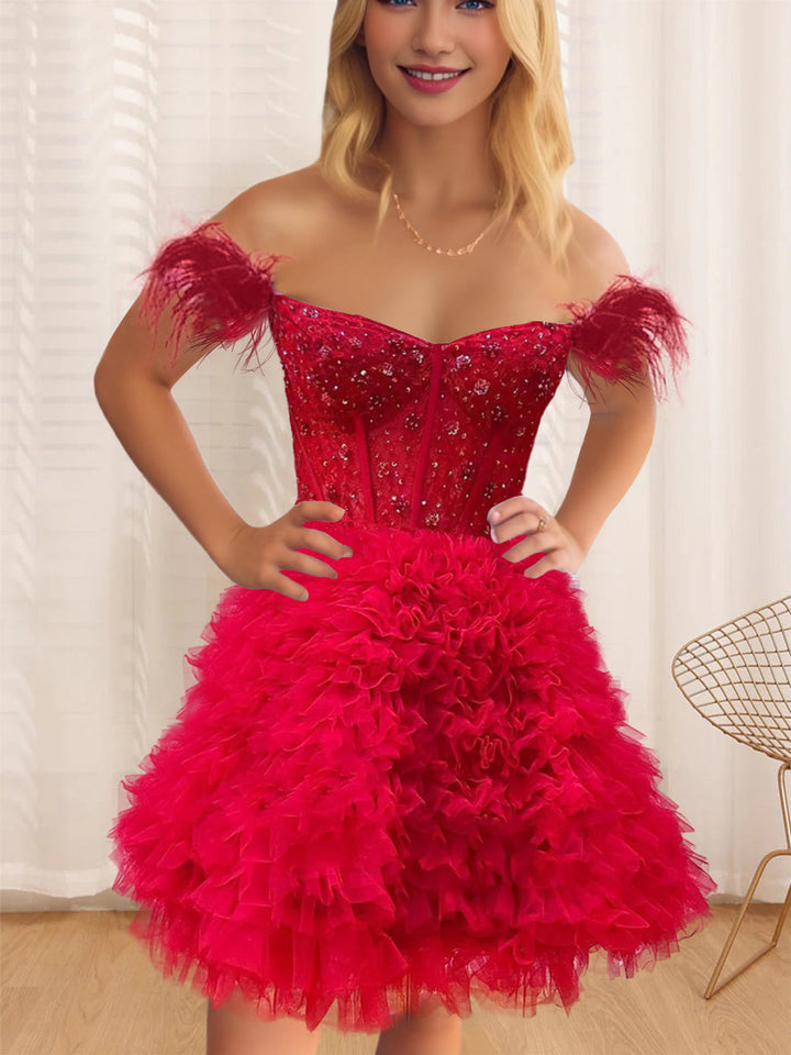 Robe de Soirée Courte/Mini en Forme de A/Princesse, Décolleté en Cœur, Sans Manches, avec Volants et Plumes